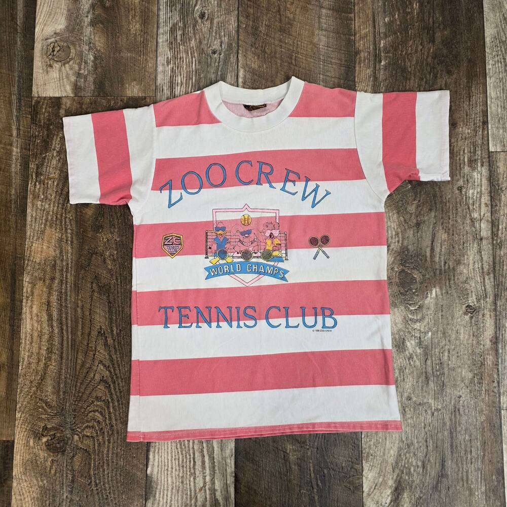 Vintage Zoo Crew Tennis Club Tee Pink Striped 80s Graphic T Shirt